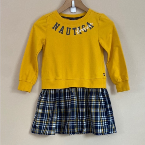 Nautica -Girls’ Sweatshirt Dress Yellow & Plaid, Long Sleeve, Preppy Style - Picture 3 of 9